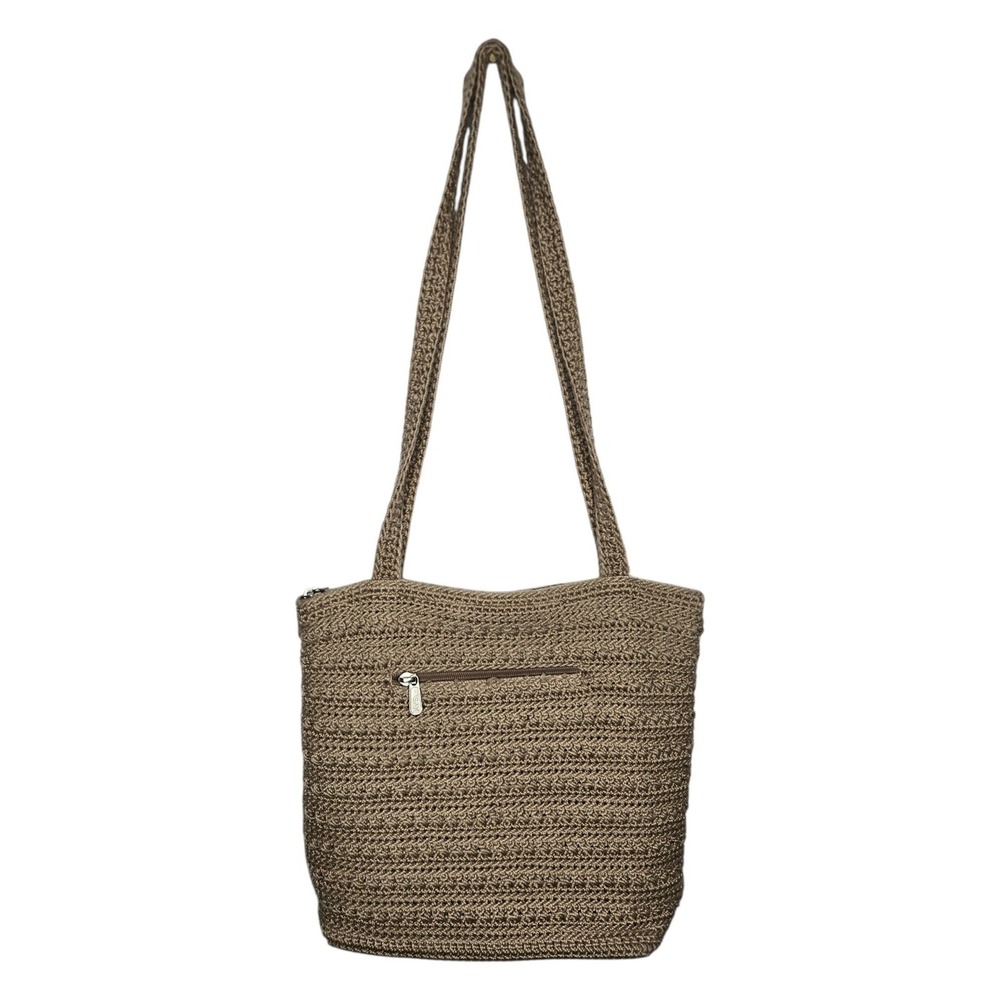 The Sak Crochet Tote Shoulder Bag Vtg Y2K Beige Taupe Zip Top Purse Boho Earthy